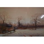 Arthur Willett, a snowy woodland scene with sheep and a mill,