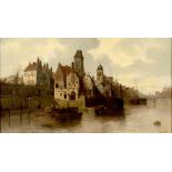 August Von Siegen, a northern European canal scene, oil on canvas, signed, 44 x 79.