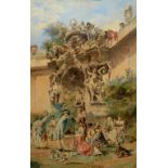Continental school, 19th century, figures around a classical fountain, watercolour, some foxing,