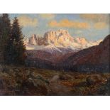 Continental school, a figure on a rocky path, with snow capped mountains in the distance,