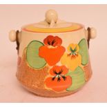 A Clarice Cliff Nasturtium pattern biscuit barrel and cover, shape number 336,