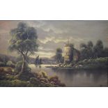 Becker, a landscape, with a castle and a lake, oil on board, 54.