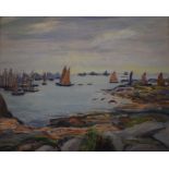 French school, a seascape with fishing boats off the coast, oil on board, 31.5 x 39.