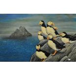 Arie Rommers, puffins, oil on canvas, signed,