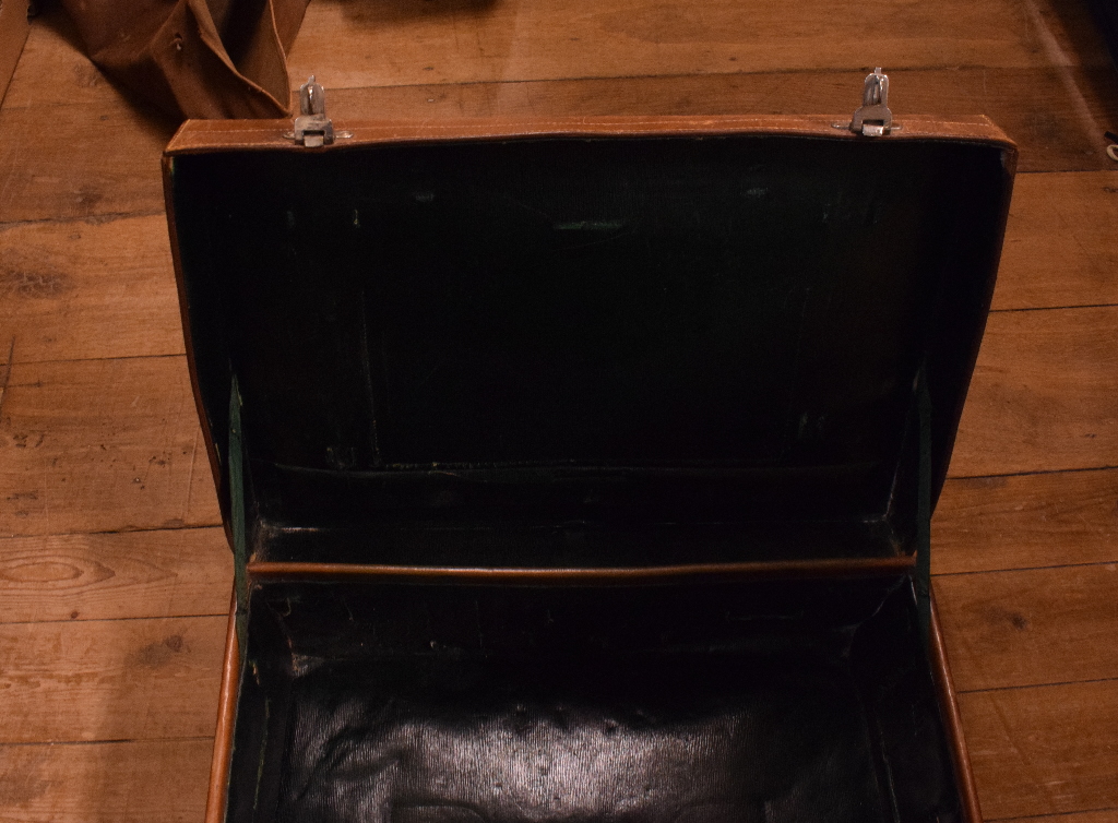 A Drew & Sons leather suitcase, initialled, in its canvas protective case, - Image 3 of 6
