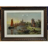 A pair of lithographs, of European river scenes,