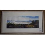 Howard Barnes, a coastal landscape, watercolour, signed, 8 x 48 cm, and Tor Townsend, city houses,