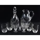 A Rowland Ward glass ewer, etched a giraffe, 24 cm high, a matching decanter and stopper,