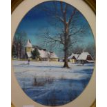 Stephen Thomas a snowy winter landscape, with a church and Christmas tree, gouache, oval,