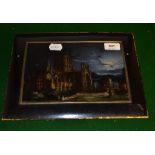 A Victorian lacquered mother of pearl and painted plaque, decorated a church,