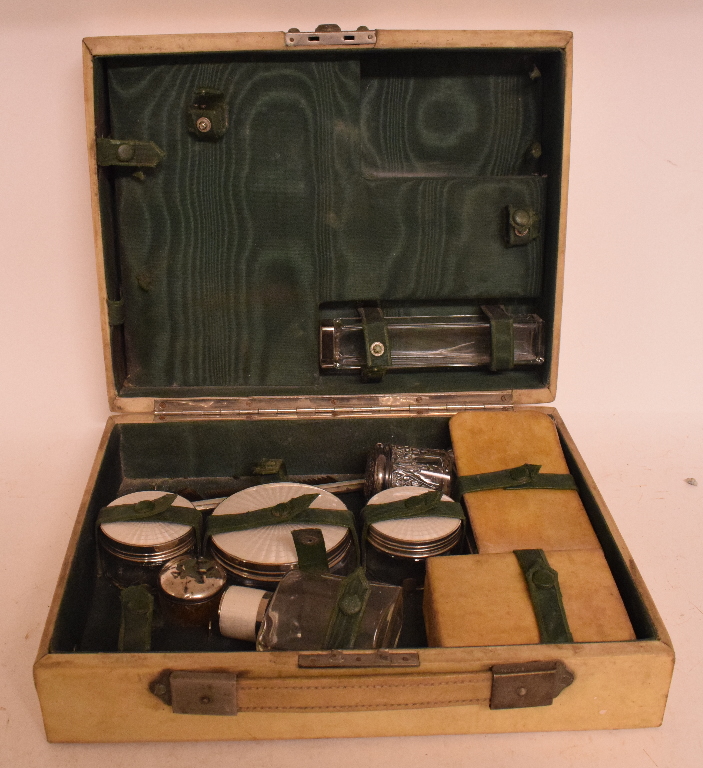 A silver mounted dressing table set, various dates and makers, a matching plated tray, - Image 2 of 2
