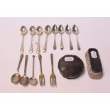 Assorted silver teaspoons and flatware, various dates and makers, and other items, approx. 8.