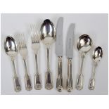 A canteen of silver fiddle, thread and shell pattern cutlery, for six place settings,