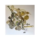 Assorted costume jewellery, including a clear and green paste necklace, a silver stamp case,