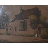 Jean-C Millet, a rural dwelling with a figure, ink and wash on paper, signed, 16.