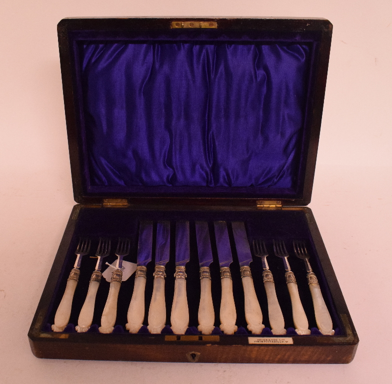 Six silver and mother of pearl fruit eaters, Sheffield 1858, including two later knives,