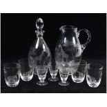 A Rowland Ward glass ewer, etched a giraffe, 24 cm high, a matching decanter and stopper,