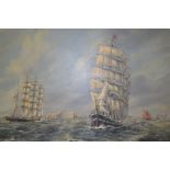 Max Parsons, tall ships off a coastline, oil on board, signed and dated 1987,