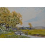 Clement Lambert, Springtime in Sussex, watercolour, signed, label verso, 36 x 52 cm, its pair,