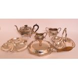 A silver plated tea set, an Arts and Crafts pewter tea and coffee set, other silver plate,