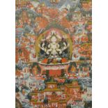 Tibetan/Nepalese school, 20th century, a multiple landscape with figures, deities and Buddhas,