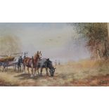 Davis, a harvest scene with heavy horses, gouache, signed, 16.5 x 24.