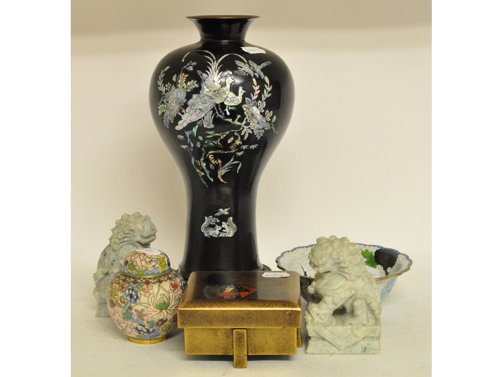 A pair of Chinese greenstone dogs of fo, 13 cm high, a cloisonne bowl and stand, a lacquer box,