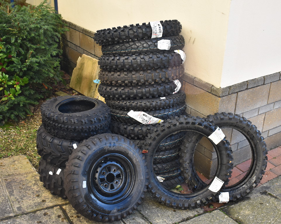 Assorted off road and road tyres, and wheels, various sizes and makes,