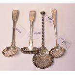 A George III silver fiddle and thread pattern sifting spoon, London 1781, and three others, approx.