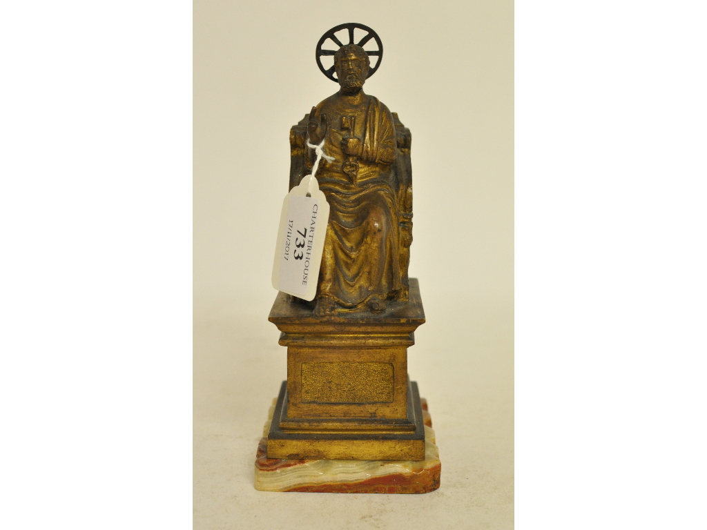 A grand tour bronze, of St Peter, on a marble type base,