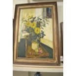 Anthony Hirst, a stoneware jar of flowers, on a chair with fruit, oil on canvas, signed, 75.5 x 49.