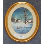 Stephen Thomas, a snowy winter landscape, with a church and Christmas tree, gouache, oval,