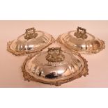 Three silver plated entree dishes and covers, silver plated hot water jug,