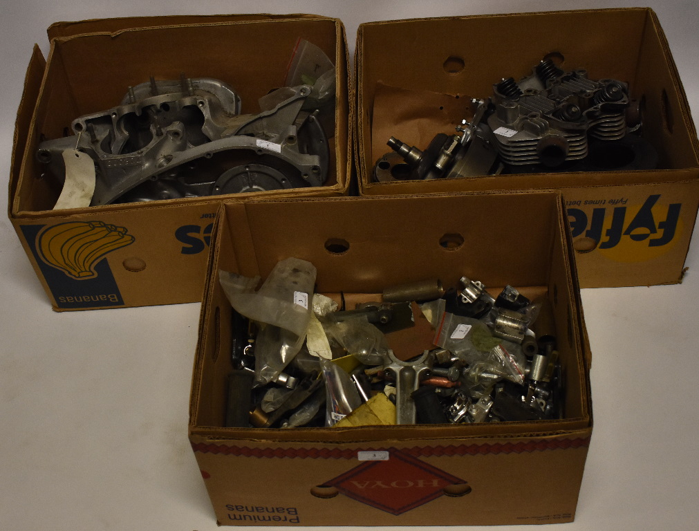 Assorted Triumph Tiger 750V engine spares and components including crank case number 000324, crank,