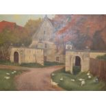 W H Cayford, a country house drive with geese, oil on board, signed and dated 1911, paint cracking,