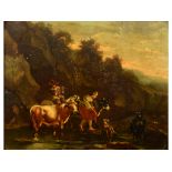 Continental school, 18th/19th century, figures and cattle on a path, with a castle in the distance,
