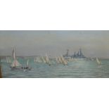 Braye (?), Naval cadets sailing by a warship, oil on canvas, signed, 42 x 80 cm, E Chapman,