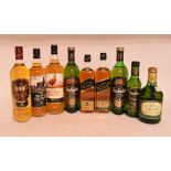 Two bottles of Johnnie Walker Black Label whisky, a bottle of Atholl Brose whisky, and other whisky,