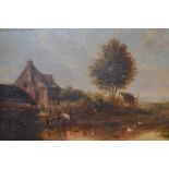 Manner of John Constable, a cottage by a pond with figures, oil on panel,15 x 22.