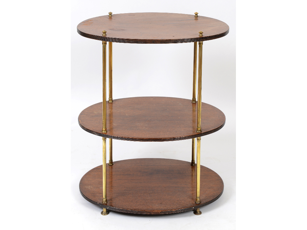 A 19th century campaign style mahogany three tier table, on brass supports,