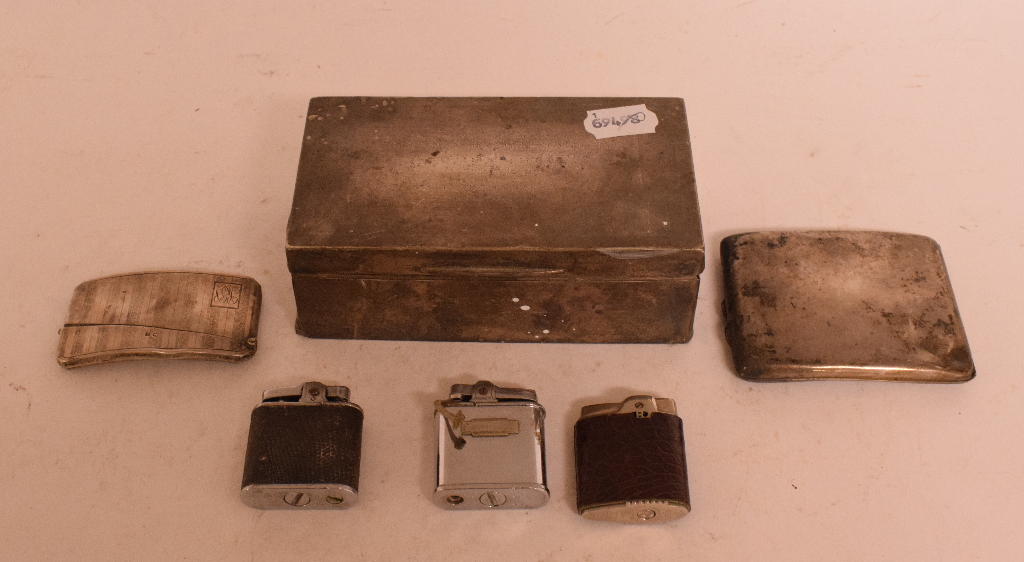 A silver table top cigarette box, inscribed, marks indistinct, 16.
