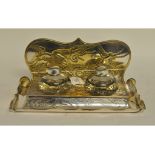 An aesthetic silver plated desk stand, set two inkwells with silver mounts, Birmingham 1906, 29.