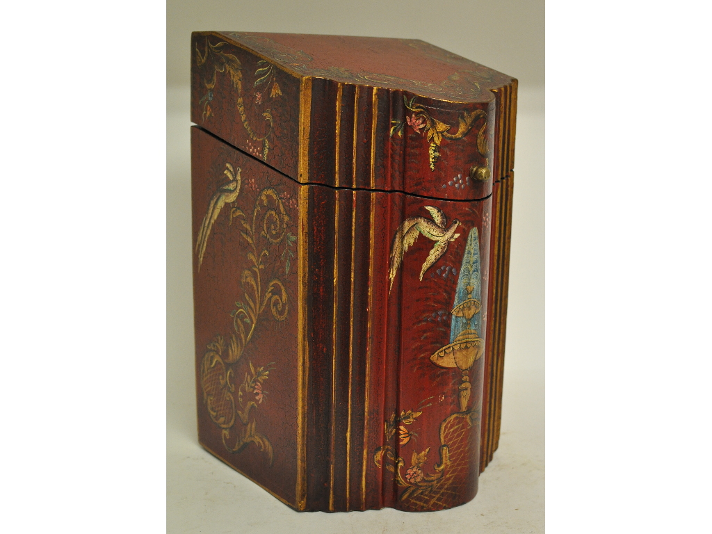 A painted wood box, decorated stylised foliage, of serpentine form,