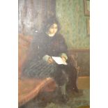 English school, early 20th century, a seated girl reading, oil on board, (unframed) 41 x 30.