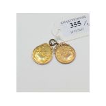 Two 9ct gold medallions, one with a base metal ring, approx. 15.