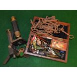 Assorted Devon minnow and other fishing lures, a microscope, assorted keys,