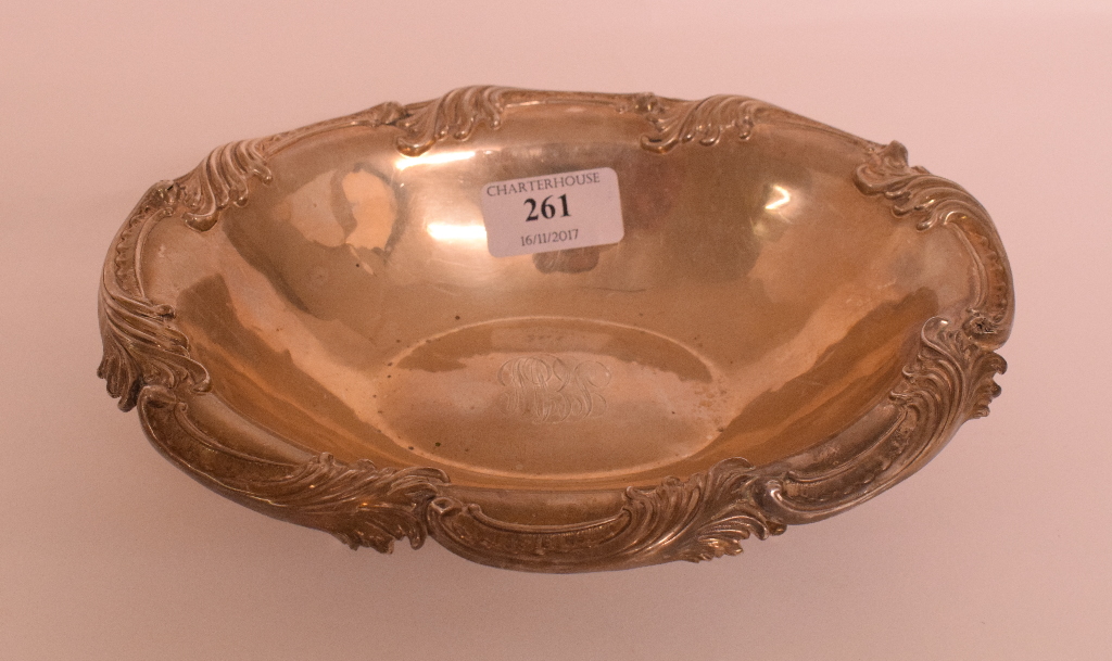 A German Sterling silver bowl, with scroll edge, initialled, approx. 9.72 ozt, 22.