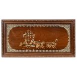 An Indian panel, inlaid with Indian gods pulled by horses, 68.5 x 139.