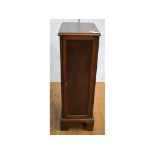 An oak pedestal collector's cabinet, having a panelled door enclosing eight graduated long drawers,