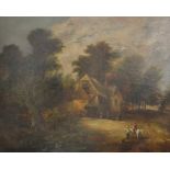 English school, 19th century, figures by a thatched cottage, oil on canvas,